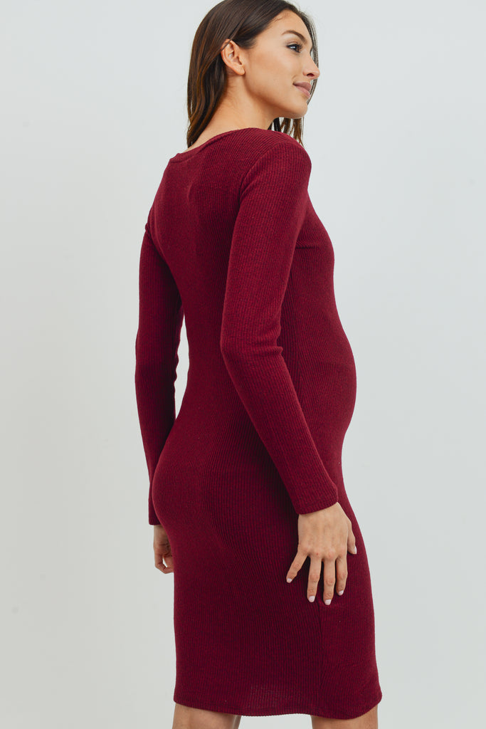 Burgundy Long Sleeve Rib Knit Maternity Dress
