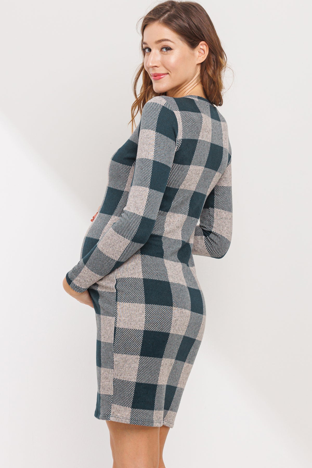 Green Plaid Long Sleeve Rib Knit Maternity Dress