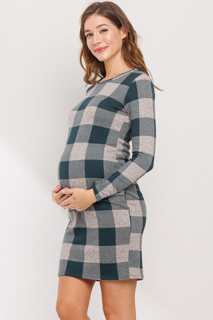 Green Plaid Long Sleeve Rib Knit Maternity Dress