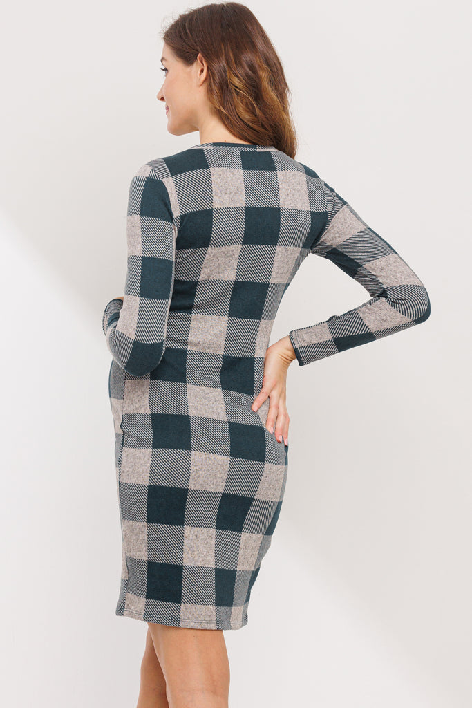 Green Plaid Long Sleeve Rib Knit Maternity Dress