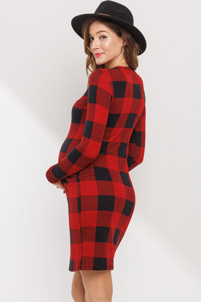 Red Plaid Long Sleeve Rib Knit Maternity Dress