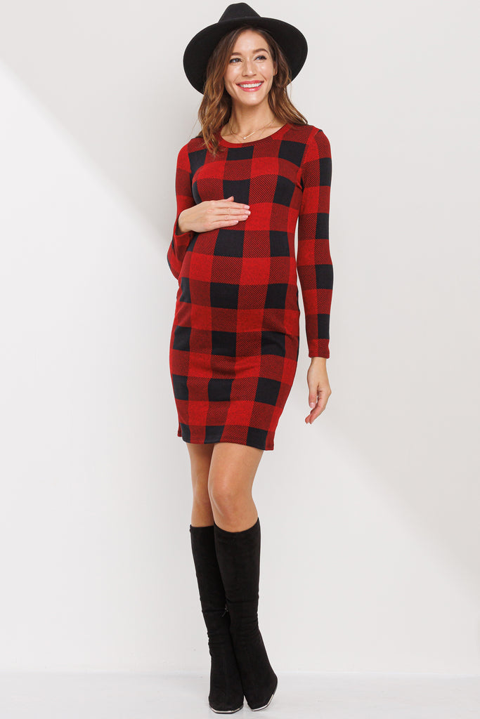 Red Plaid Long Sleeve Rib Knit Maternity Dress