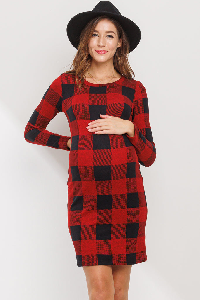 Red Plaid Long Sleeve Rib Knit Maternity Dress