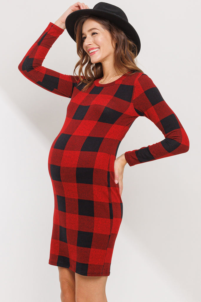 Red Plaid Long Sleeve Rib Knit Maternity Dress