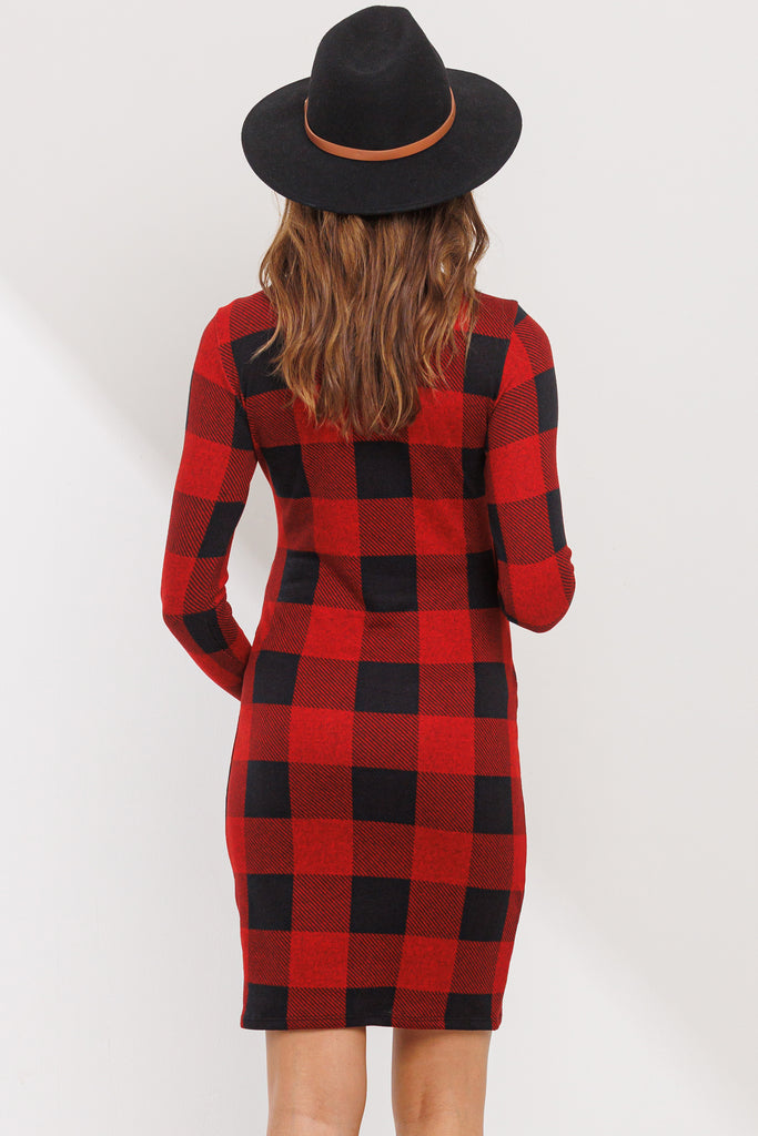 Red Plaid Long Sleeve Rib Knit Maternity Dress