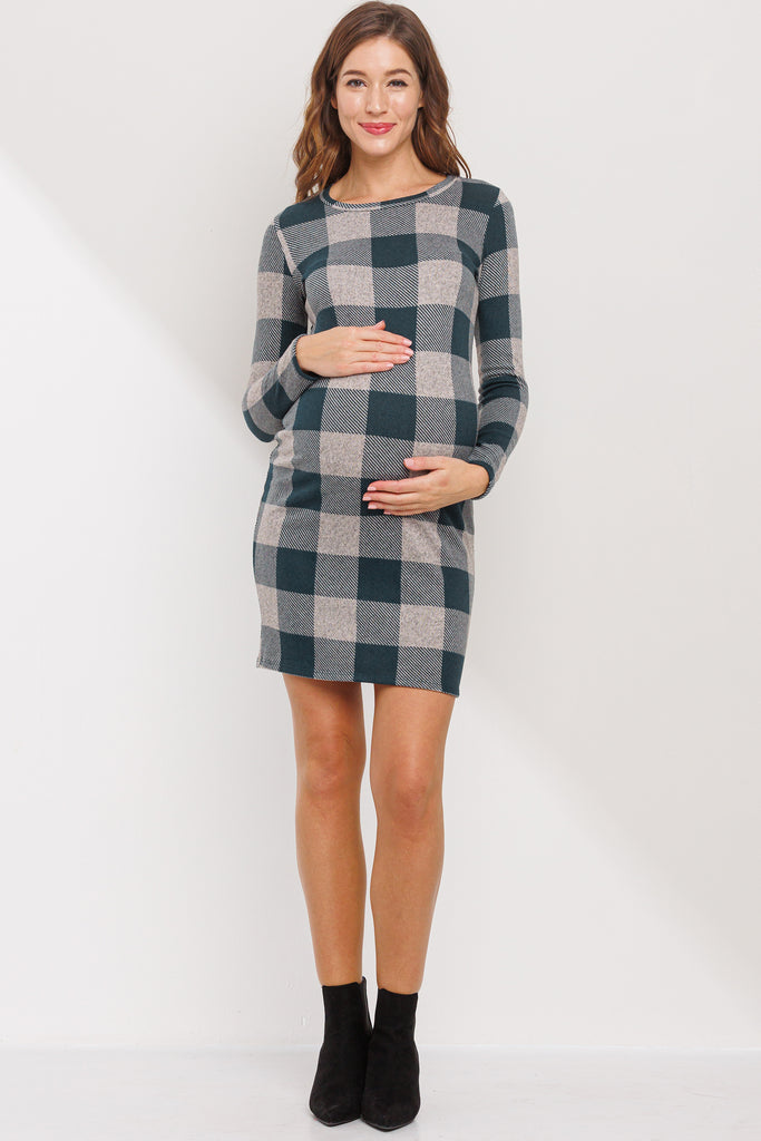 Green Plaid Long Sleeve Rib Knit Maternity Dress