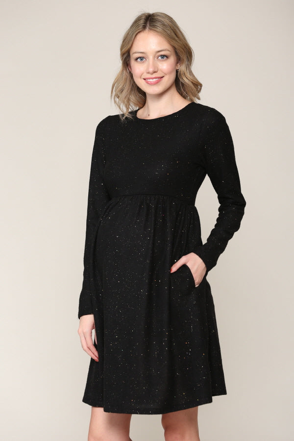 Black Lurex Long Sleeve Side Pocket Maternity Dress