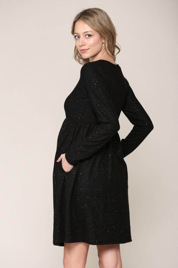 Black Lurex Long Sleeve Side Pocket Maternity Dress