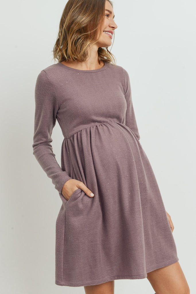 Purple Lurex Long Sleeve Side Pocket Maternity Dress