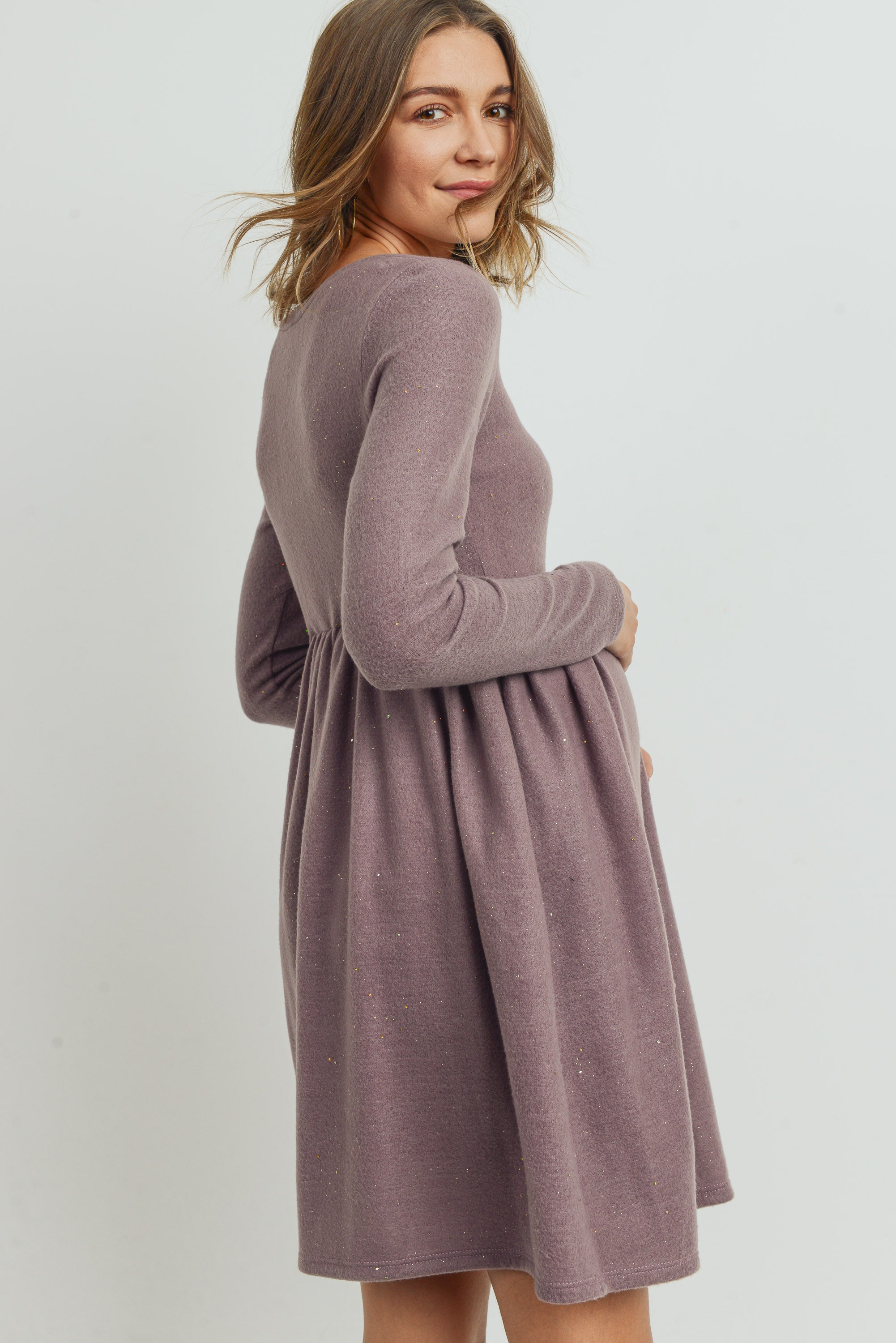 Lurex Long Sleeve Side Pocket Maternity Dress PURPLE / SMALL Lurex Long Sleeve Side Pocket Maternity Dress PURPLE / SMALL