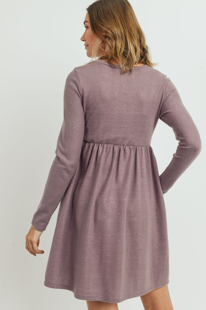 Purple Lurex Long Sleeve Side Pocket Maternity Dress