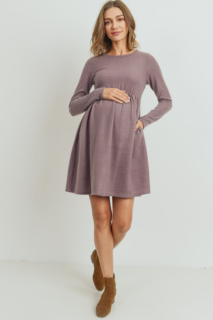 Purple Lurex Long Sleeve Side Pocket Maternity Dress