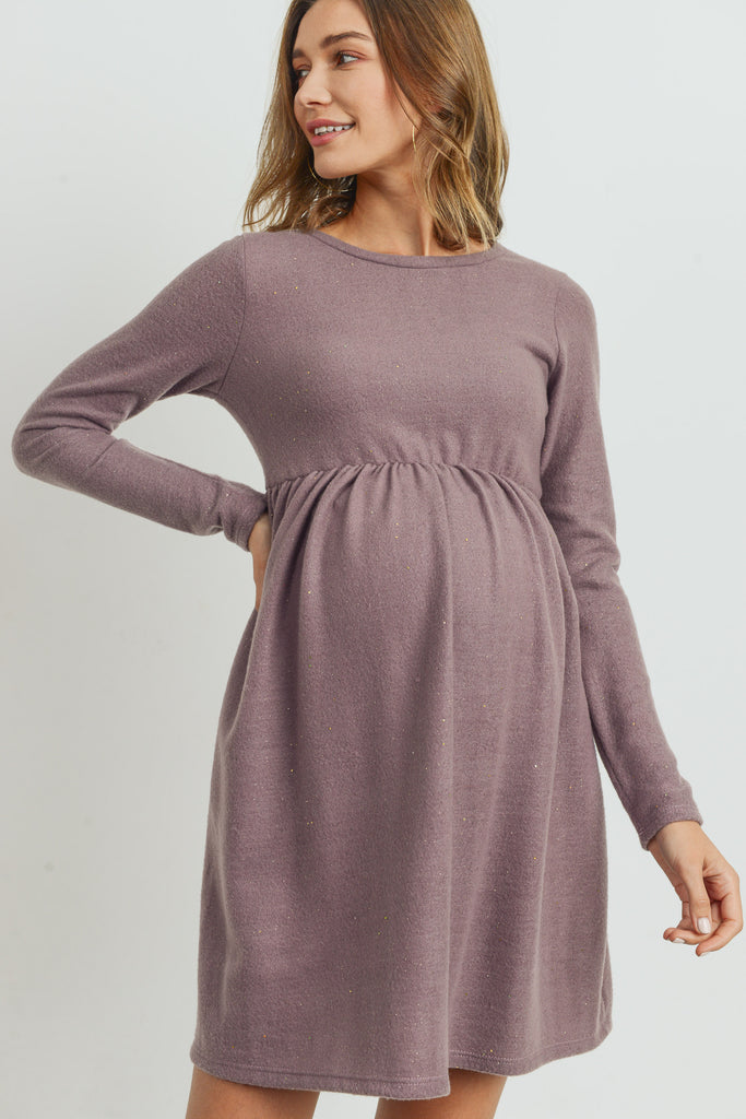 Purple Lurex Long Sleeve Side Pocket Maternity Dress