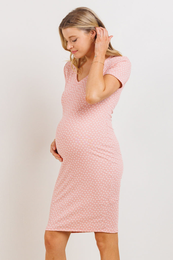 Mauve V-Neck Ribbed Maternity Dress