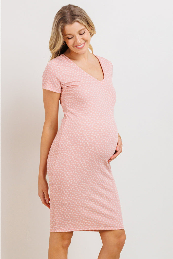 Mauve V-Neck Ribbed Maternity Dress