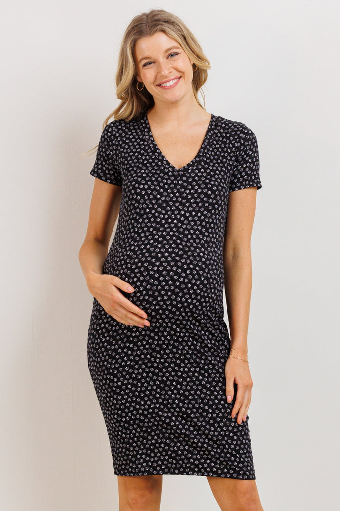 Black V-Neck Ribbed Maternity Dress