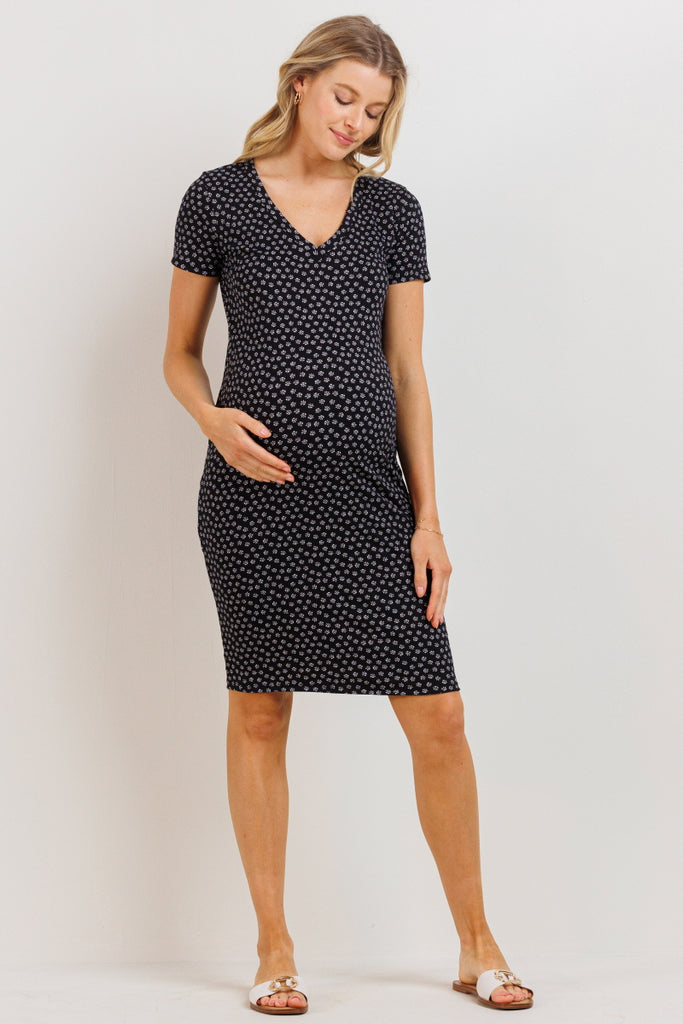 Black V-Neck Ribbed Maternity Dress