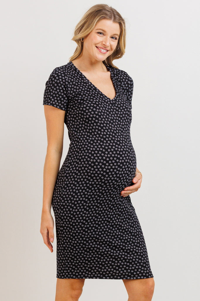 Black V-Neck Ribbed Maternity Dress