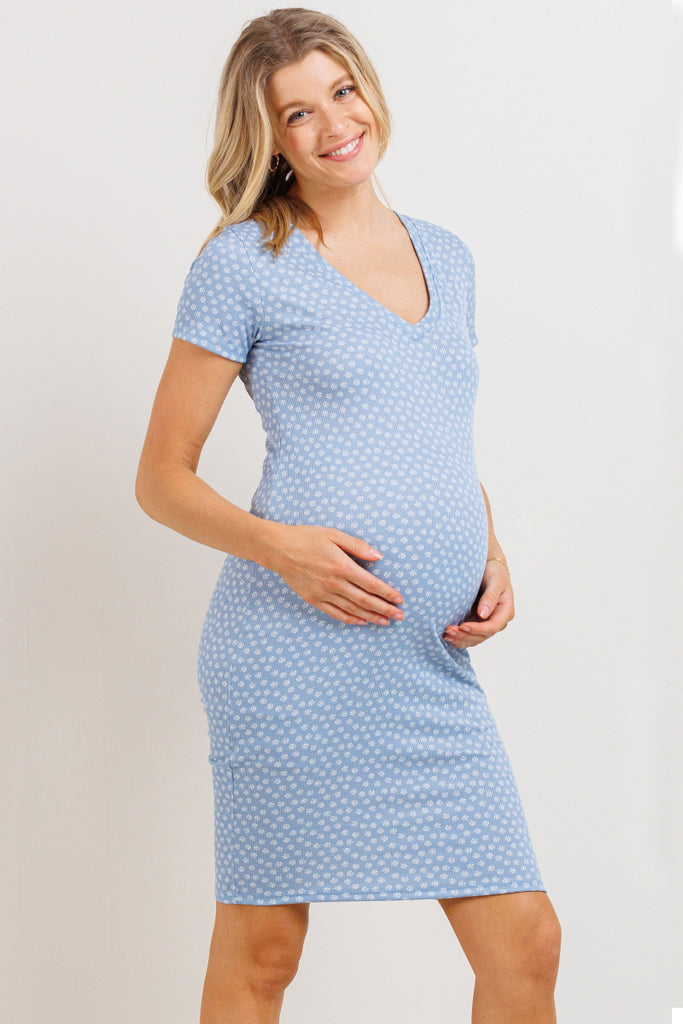 Sky Blue V-Neck Ribbed Maternity Dress
