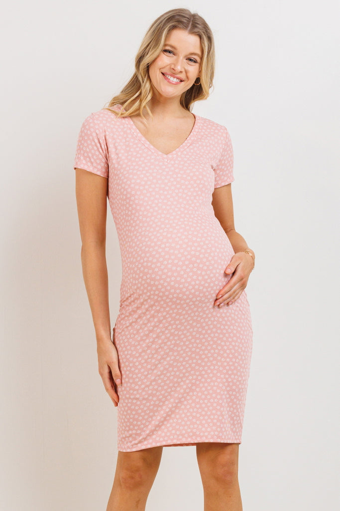 Mauve V-Neck Ribbed Maternity Dress