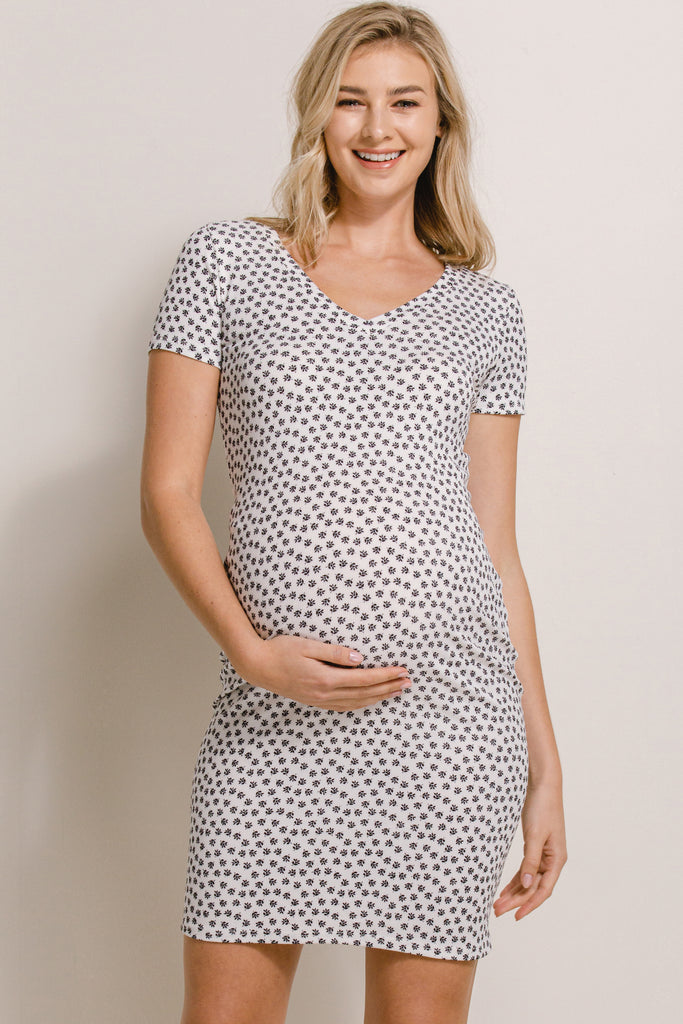 White V-Neck Ribbed Maternity Dress