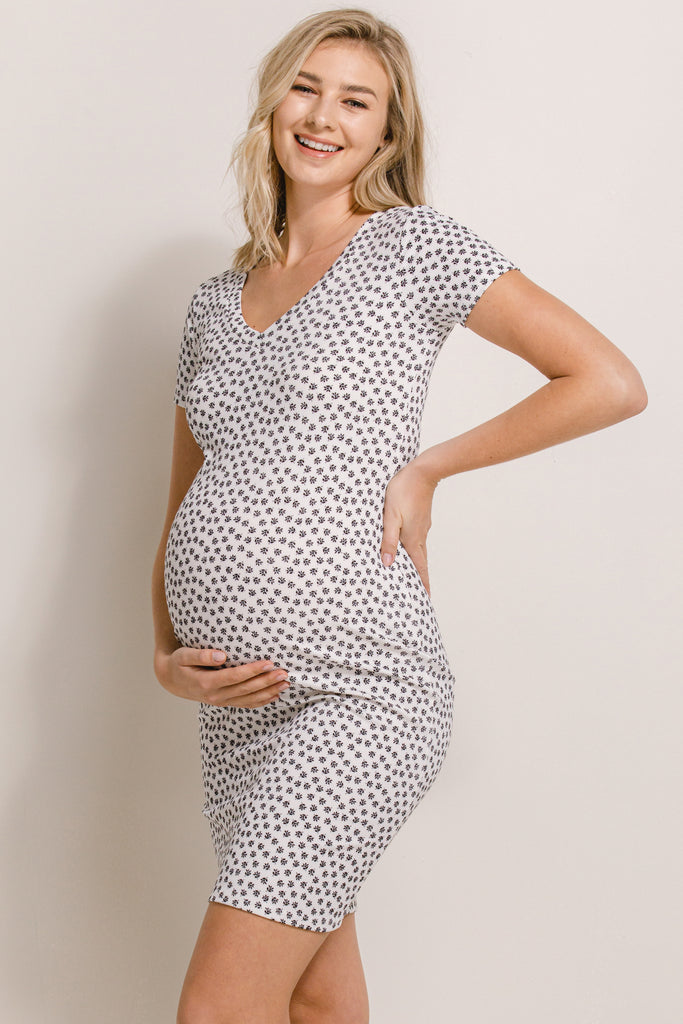 White V-Neck Ribbed Maternity Dress