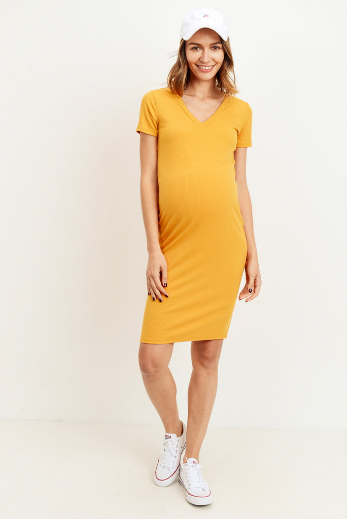 Mustard Ribbed V-Neck Short Sleeve Maternity Dress