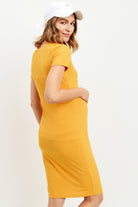 Mustard Ribbed V-Neck Short Sleeve Maternity Dress