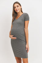 Charcoal Ribbed V-Neck Short Sleeve Maternity Dress