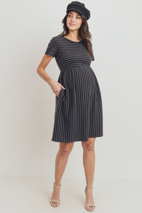 Black Short Sleeve Stripe w/Side Pocket Maternity Dress