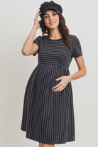 Black Short Sleeve Stripe w/Side Pocket Maternity Dress