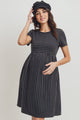 Black Short Sleeve Stripe w/Side Pocket Maternity Dress