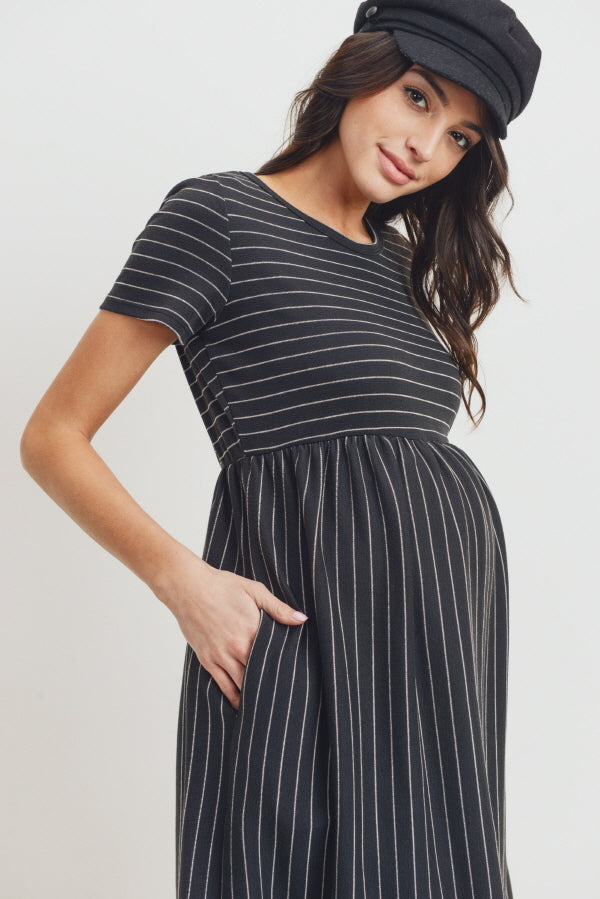 Black Short Sleeve Stripe w/Side Pocket Maternity Dress