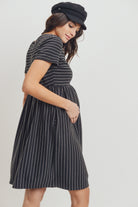 Black Short Sleeve Stripe w/Side Pocket Maternity Dress