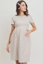 Cream Short Sleeve Stripe w/Side Pocket Maternity Dress