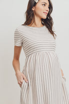 Cream Short Sleeve Stripe w/Side Pocket Maternity Dress
