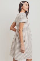 Cream Short Sleeve Stripe w/Side Pocket Maternity Dress