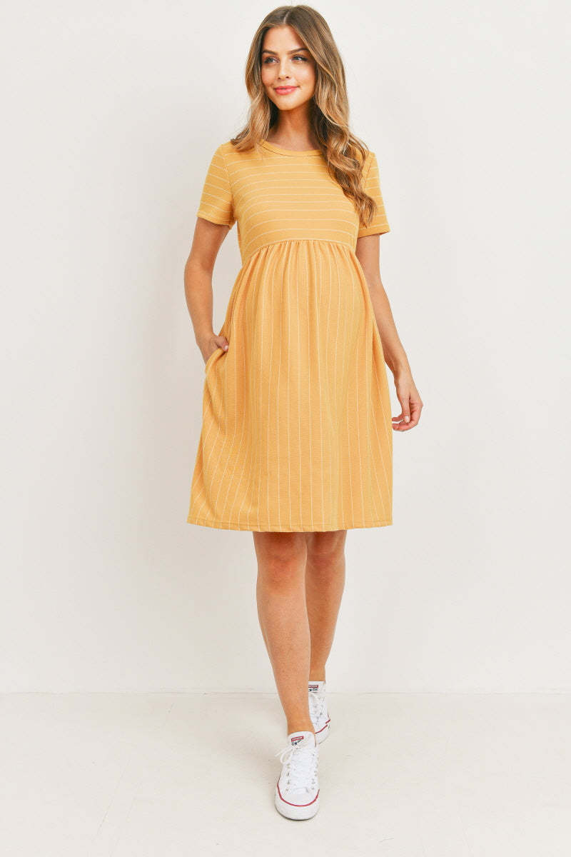 Mustard Short Sleeve Stripe w/Side Pocket Maternity Dress