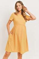 Mustard Short Sleeve Stripe w/Side Pocket Maternity Dress