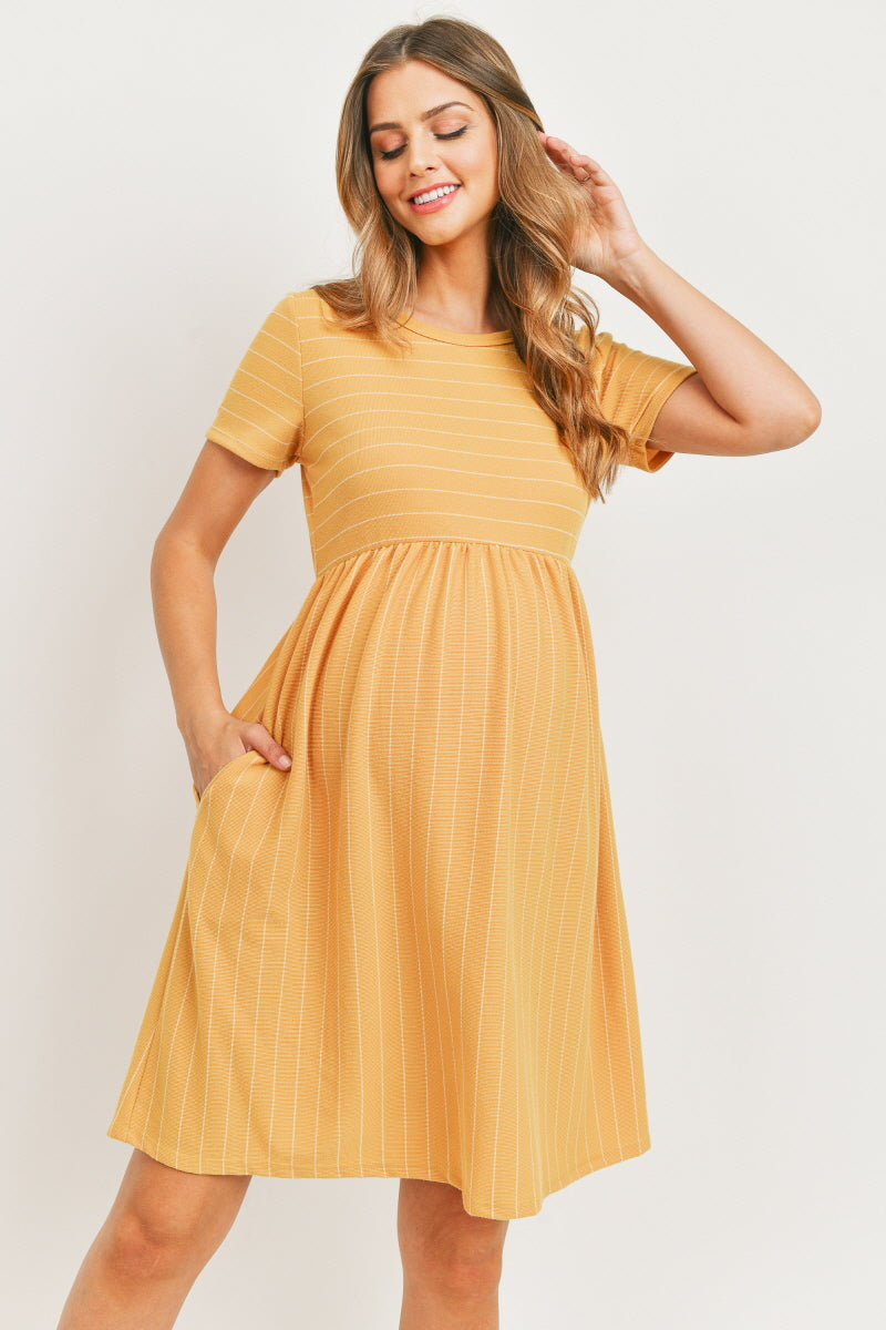 Mustard Short Sleeve Stripe w/Side Pocket Maternity Dress
