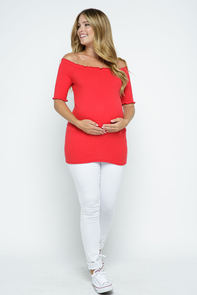 Red Off Shoulder Rib Knit Maternity Top