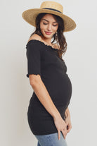 Black Off Shoulder Rib Knit Maternity Top