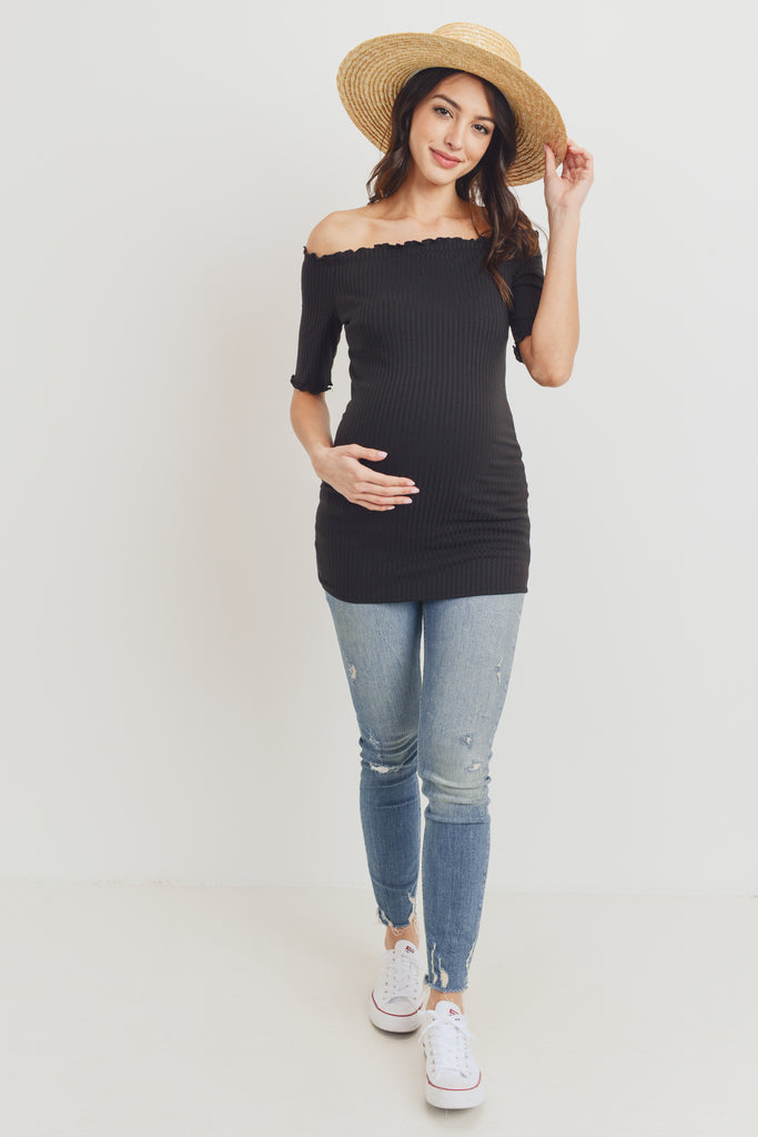 Black Off Shoulder Rib Knit Maternity Top