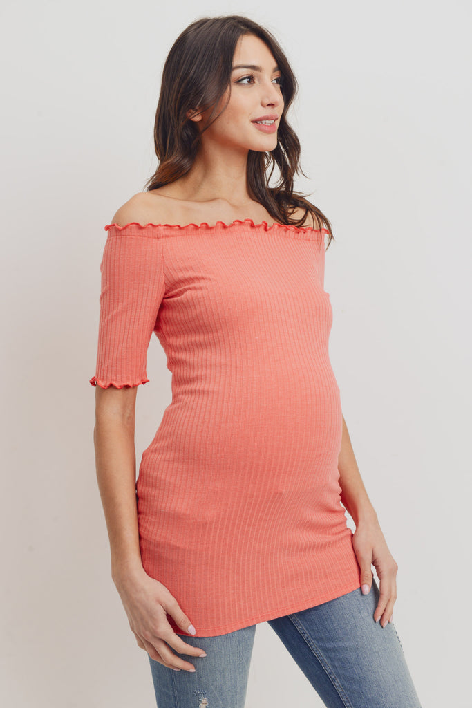 Coral Off Shoulder Rib Knit Maternity Top