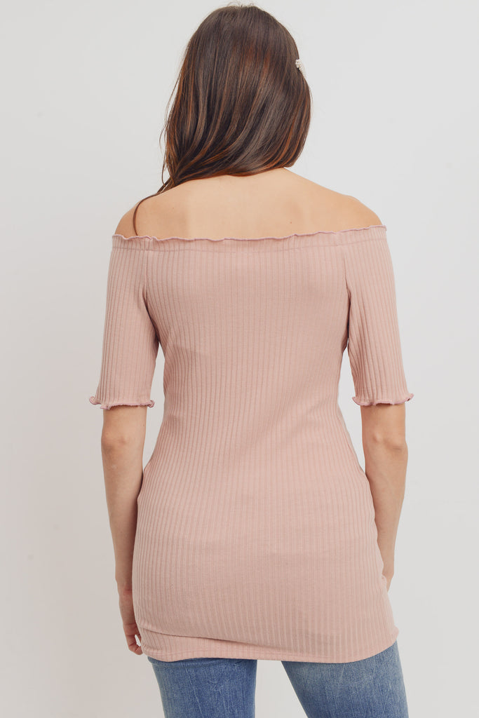 Dusty Rose Off Shoulder Rib Knit Maternity Top