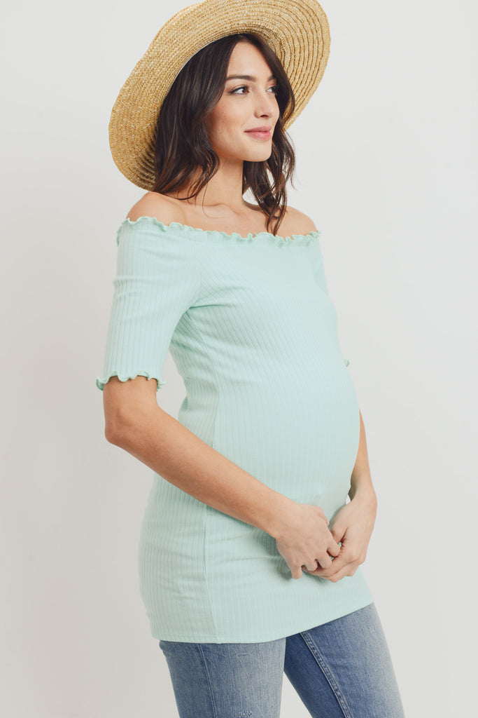 Mint Off Shoulder Rib Knit Maternity Top