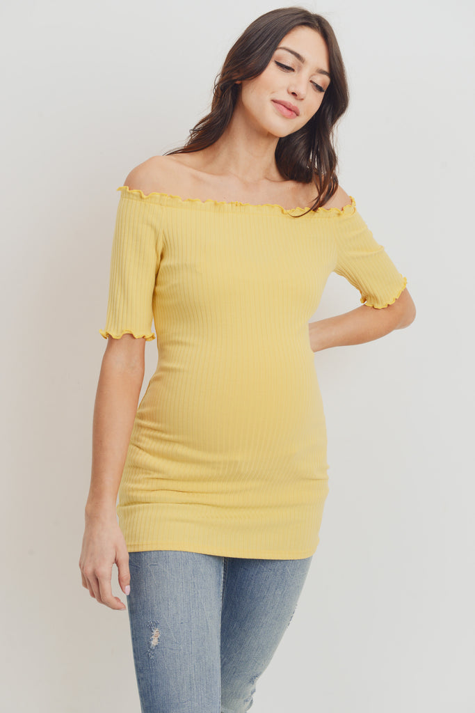 Yellow Off Shoulder Rib Knit Maternity Top