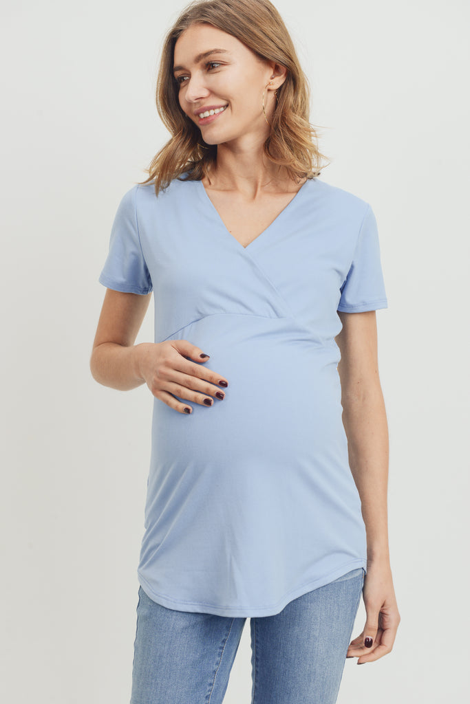 Sky Blue Short Sleeve Surplice front Maternity & Nursing Top