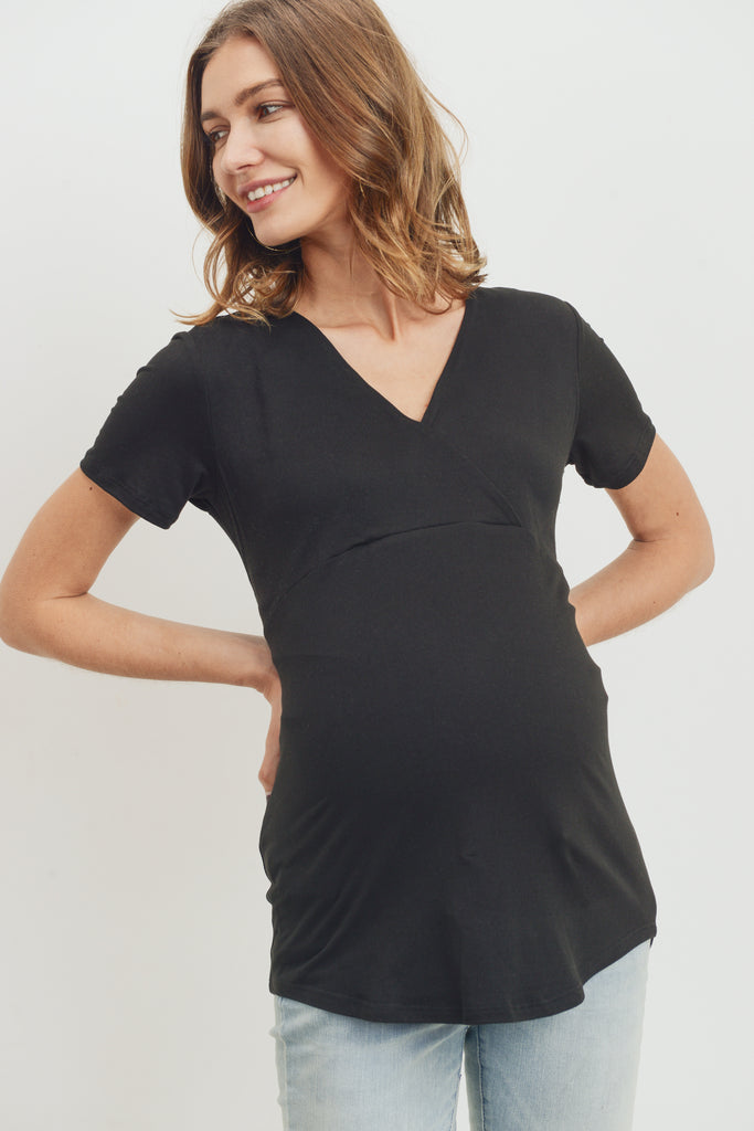 Black Short Sleeve Surplice front Maternity & Nursing Top