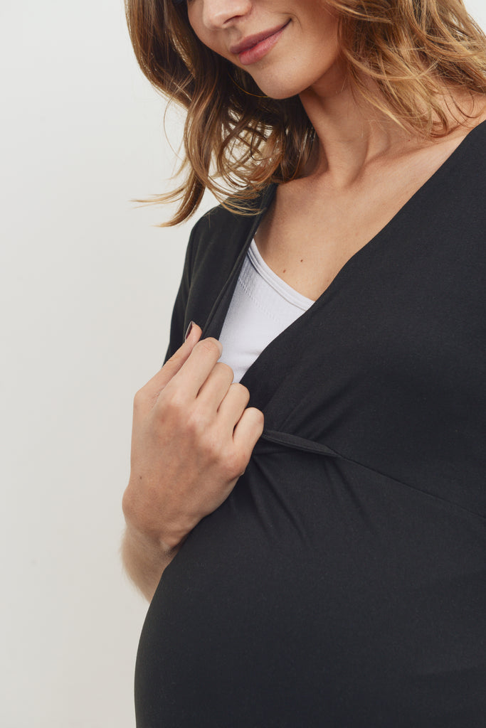 Black Short Sleeve Surplice front Maternity & Nursing Top